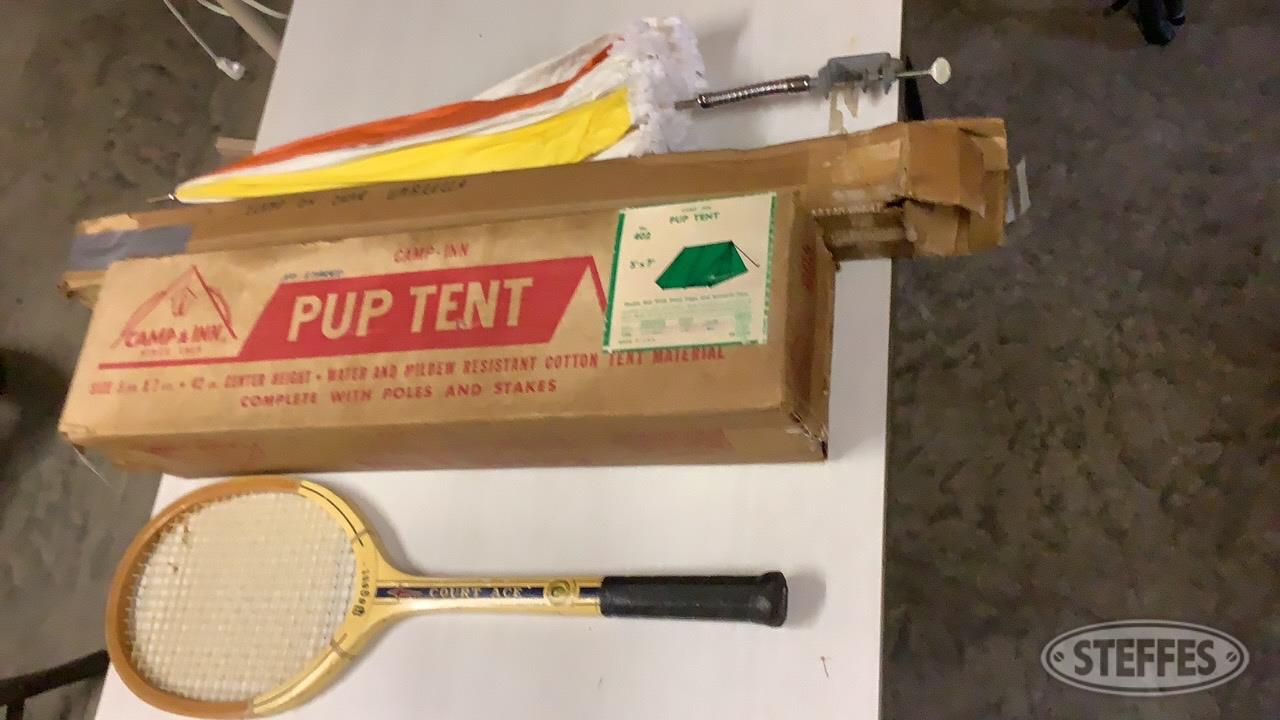 5x7 Pup Tent, Chair Umbrella, & Tennis Racket